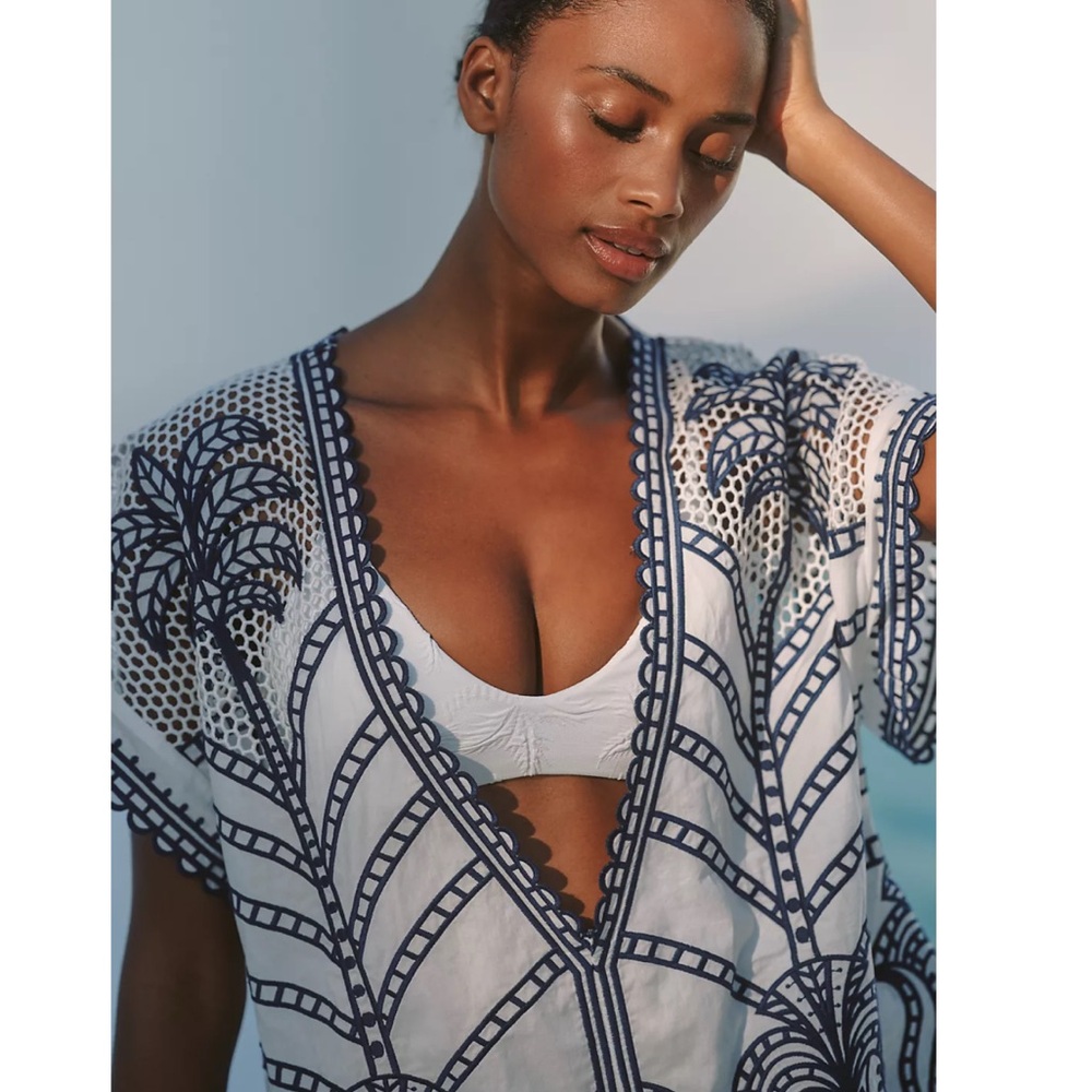 FARM Rio Blue Richelieu Plunging Neck Romper Size XS NWT Embroidered Lace - Picture 3 of 15
